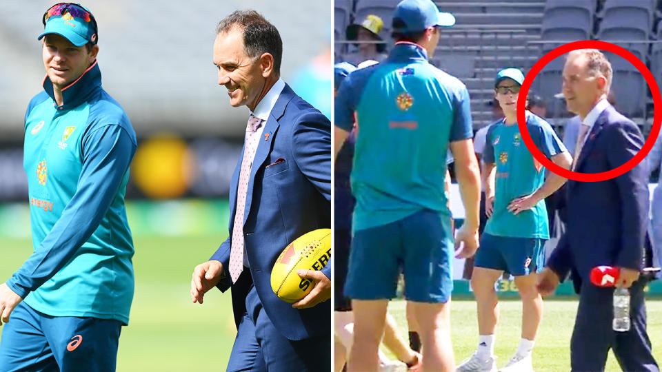 Justin Langer, pictured here embracing a number of Australian players before the first Test against West Indies. 