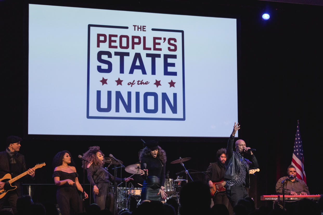 Andra Day and Common perform their Grammy- and Oscar-nominated song, “Stand Up for Something,” from the movie “Marshall” at the “People’s State of the Union” rally at the Town Hall theater in New York City on Jan. 29, 2018. (Photo: Cheriss May/NurPhoto)