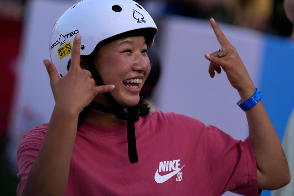 Momiji Nishiya reacts during the Women's Final of the Skate Street World Championships Feb. 5 in Sharjah, United Arab Emirates.