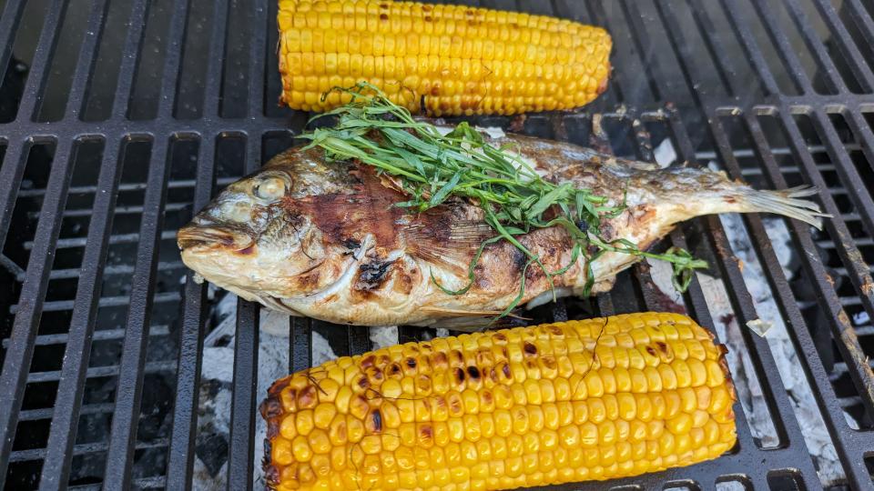 Cooking thick items like whole fish and corn was no problem for Char-Broil's grill