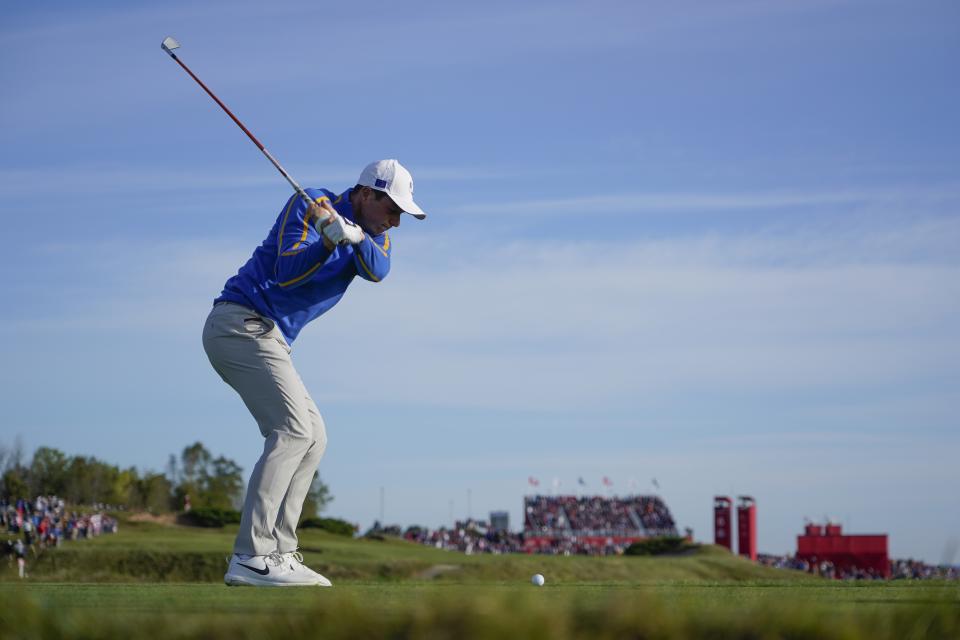 Team Europe's Viktor Hovland hits a shot on the sixth hole during a foursome match the Ryder Cup at the Whistling Straits Golf Course Friday, Sept. 24, 2021, in Sheboygan, Wis. (AP Photo/Jeff Roberson)