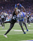 <p>Kenny Golladay #19 of the Detroit Lions makes a diving catch against James Bradberry #24 of the Carolina Panthers during the fourth quarter at Ford Field on November 18, 2018 in Detroit, Michigan. Detroit defeated Carolina 20-19. (Photo by Leon Halip/Getty Images) </p>