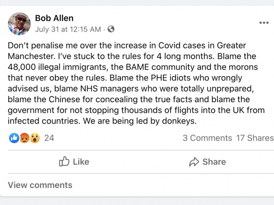 Facebook post by councillor which led to his suspension (Bob Allen / Facebook)