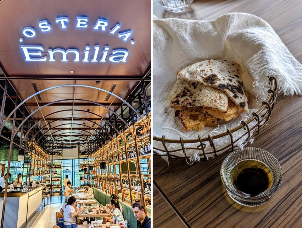 The stunning wine rack make for quite the centrepiece in the restaurant (left). I couldn’t help but be impressed by the use of pizza dough in the bread basket (right).