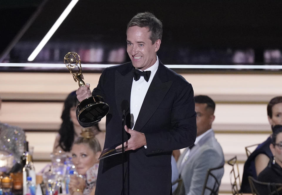 Matthew Macfayden accepts the Emmy for outstanding supporting actor in a drama series for "Succession" at the 74th Primetime Emmy Awards on Monday, Sept. 12, 2022, at the Microsoft Theater in Los Angeles. (AP Photo/Mark Terrill)
