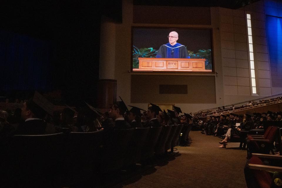 BYU–Idaho President Henry J. Eyring shares a prerecorded message with graduates during commencement exercises on July 20, 2022. | Michael Lewis, BYU-Idaho