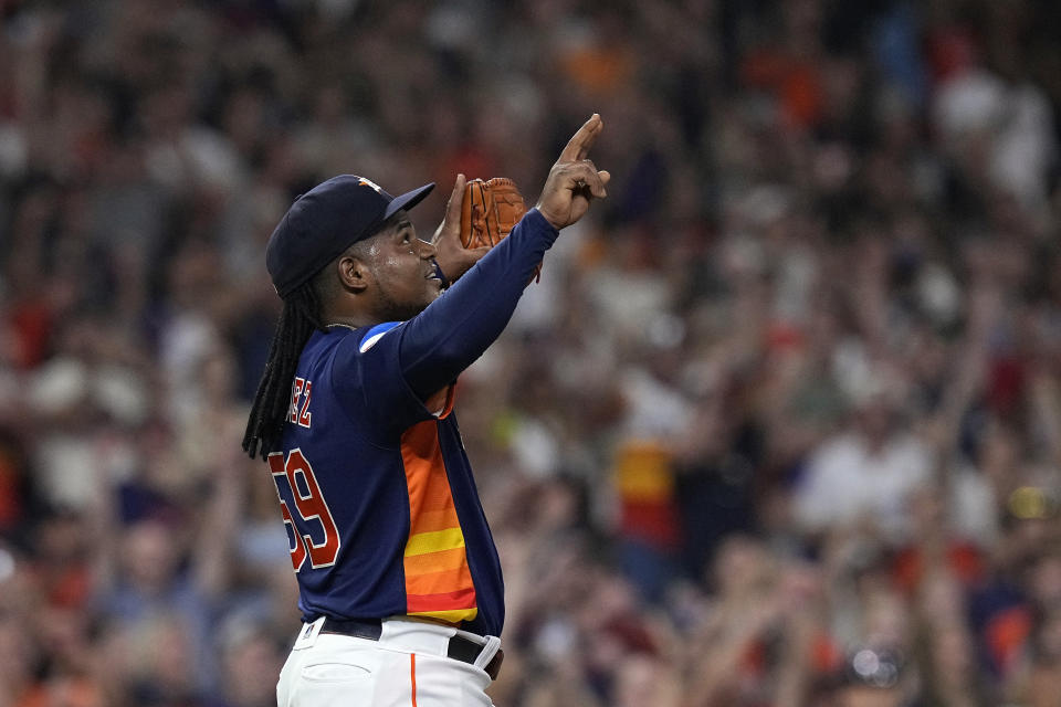 Houston Astros starting pitcher Framber Valdez celebrates after throwing a no-hitter against the Cleveland Guardians, Tuesday, Aug. 1, 2023, in Houston. (AP Photo/Kevin M. Cox)