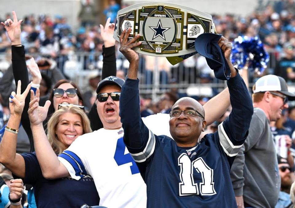 Dallas Cowboys fans celebrate the team’s play against the Carolina Panthers at Bank of America Stadium in Charlotte, NC on Sunday, November 19, 2023. The Cowboys defeated the Panthers 33-10.