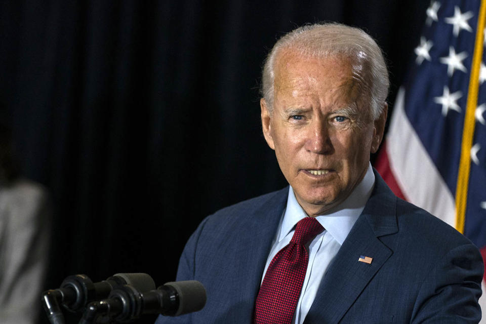 Democratic presidential candidate former Vice President Joe Biden joined by his running mate Sen. Kamala Harris, D-Calif., speaks at the Hotel DuPont in Wilmington, Del., Thursday, Aug. 13, 2020. (AP Photo/Carolyn Kaster)