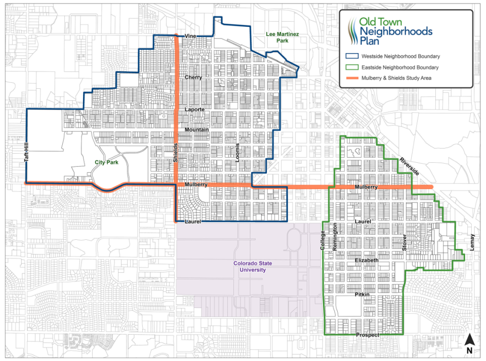 This map shows the Westside and Eastside Old Town neighborhoods in Fort Collins, which flank what is typically referred to as the Old Town commercial district.