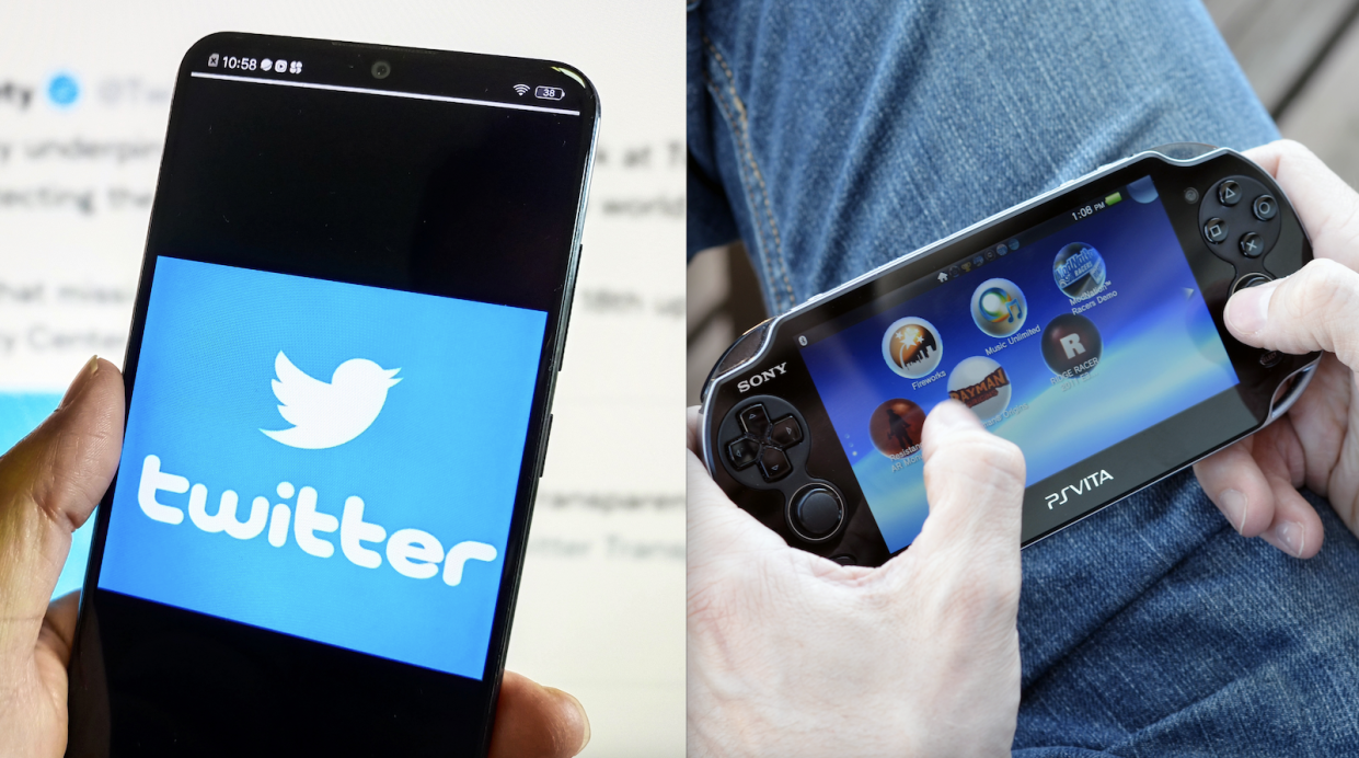 A tech composite image of the Twitter logo on a phone and a PlayStation Vita portable gaming device.