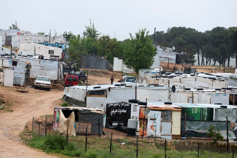 A general view shows tents at a camp for Syrian refugees in Ibl al-Saqi