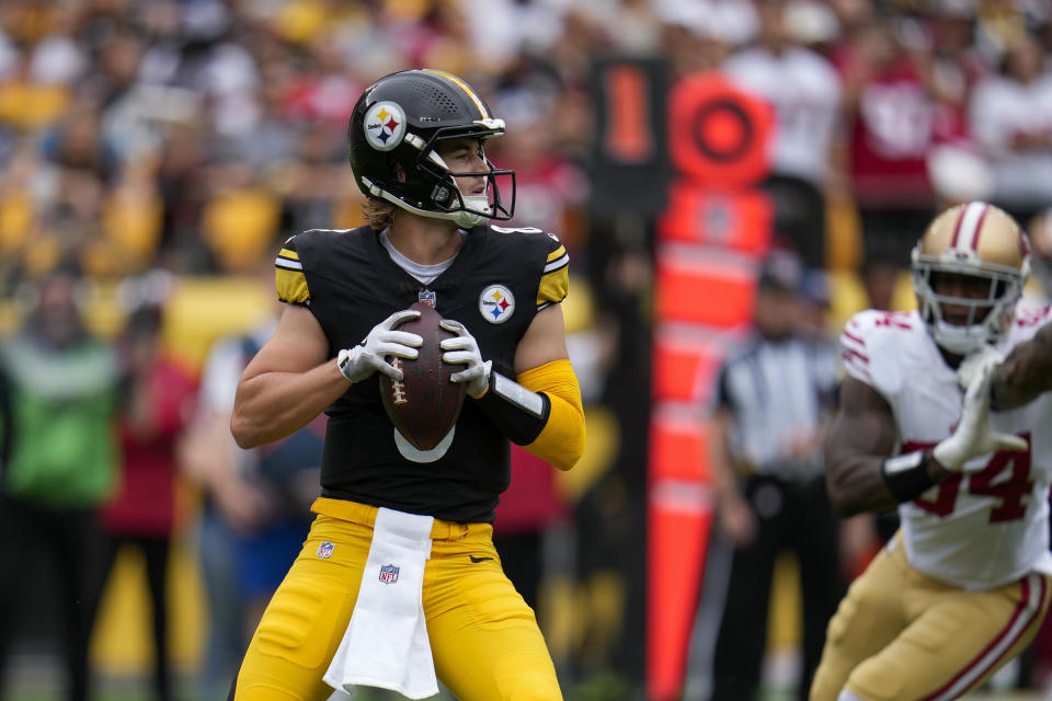 Pittsburgh Steelers quarterback Kenny Pickett looks for a receiver during the first half of an NFL football game against the San Francisco 49ers, Sunday, Sept. 10, 2023, in Pittsburgh. (AP Photo/Gene J. Puskar)