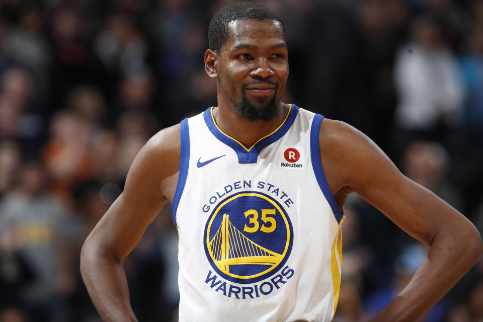 Golden State Warriors forward Kevin Durant (35) in the second half of an NBA basketball game Saturday, Feb. 3, 2018, in Denver. The Nuggets won 115-108. (AP Photo/David Zalubowski)