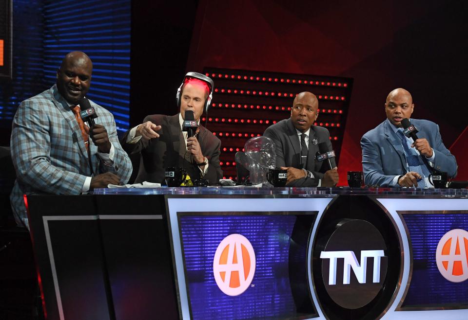 Broadcasters (L-R) Shaquille O'Neal, Ernie Johnson, Kenny Smith and Charles Barkley on stage at CES 2017 in Las Vegas.