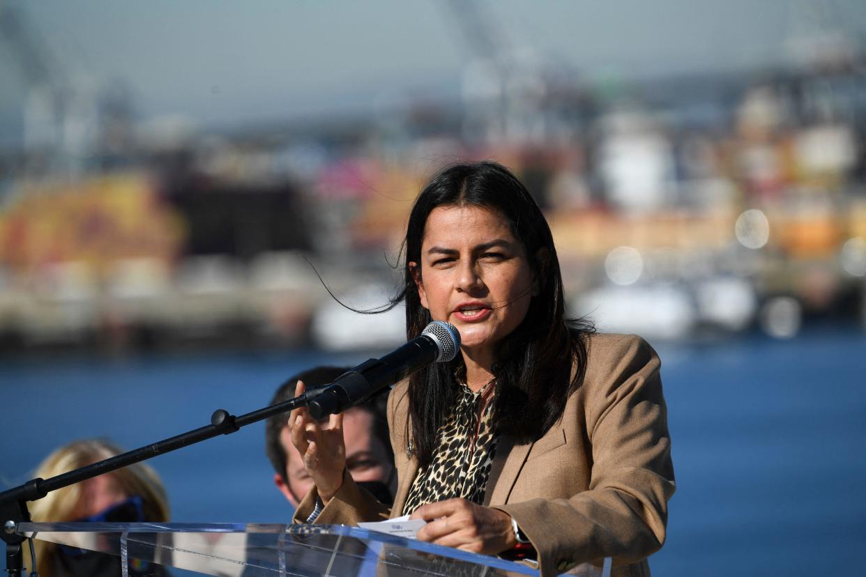 FILE: Rep. Nanette Barragán (D-CA) speaks alongside Transportation Secretary Pete Buttigieg after a tour of the Ports of Los Angeles and Long Beach during press conference at the Port of Long Beach on Jan. 11, 2022 in Long Beach, Calif. / Credit: PATRICK T. FALLON/AFP via Getty Images