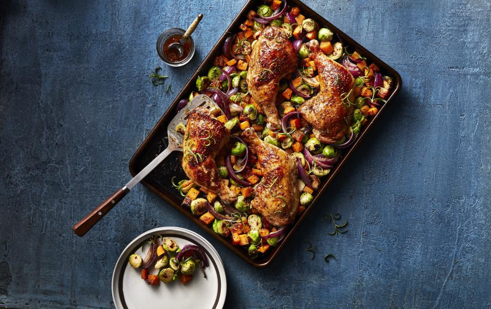 Roasted Rosemary Chicken Quarters with Butternut Squash and Brussels Sprouts