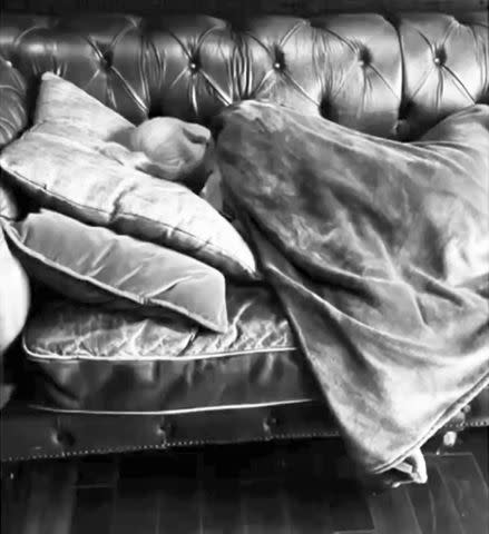 <p>Ariana Grande/Instagram</p> Ariana Grande takes a nap in the studio