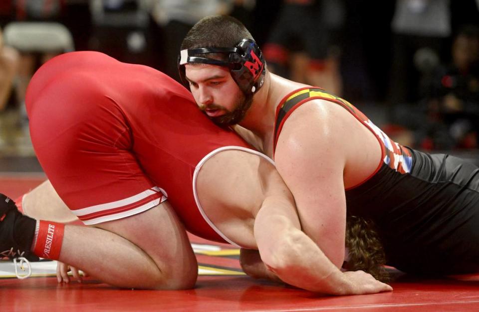 Maryland’s Seth Nevills controls Wisconsin’s Gannon Rosenfeld in a 285 lb first round match of the Big Ten Wresting Championships at the Xfinity Center at the University of Maryland on Saturday, March 9, 2024. Abby Drey/adrey@centredaily.com