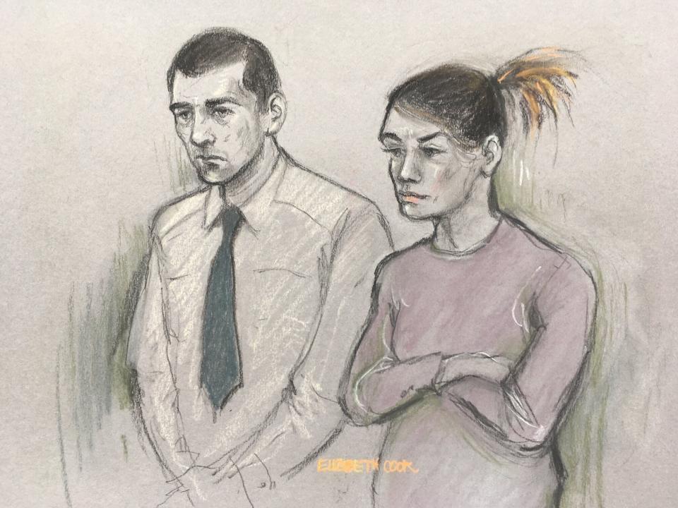 File court artist sketch dated 21/01/19 by Elizabeth Cook of Stephen Waterson and Adrian Hoare in court. Waterson, who is accused of squashing his girlfriend's toddler with a car seat, has been accused of using the fact his father is a former Government minister to make himself untouchable.