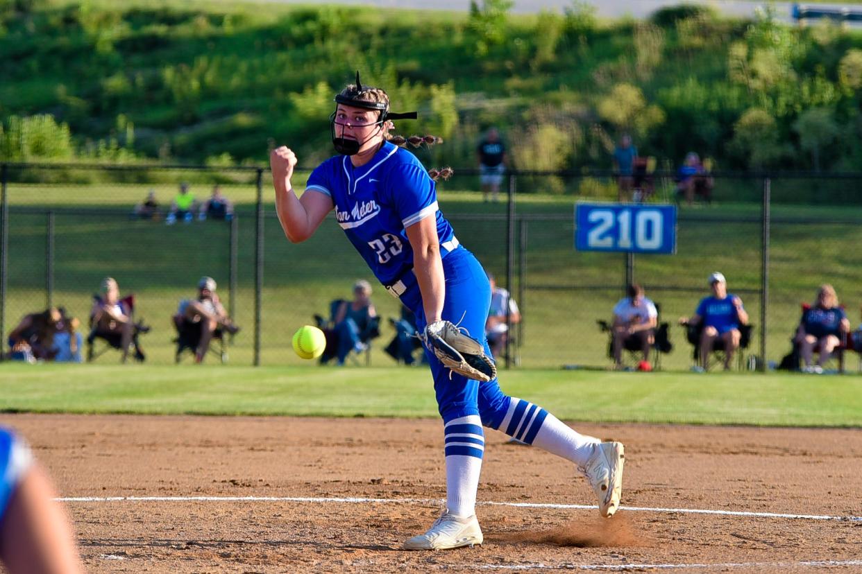Van Meter's Macy Blomgren throws a pitch during a Class 2A regional final softball game against Pocahontas Area on Monday, July 10, 2023, in Van Meter.