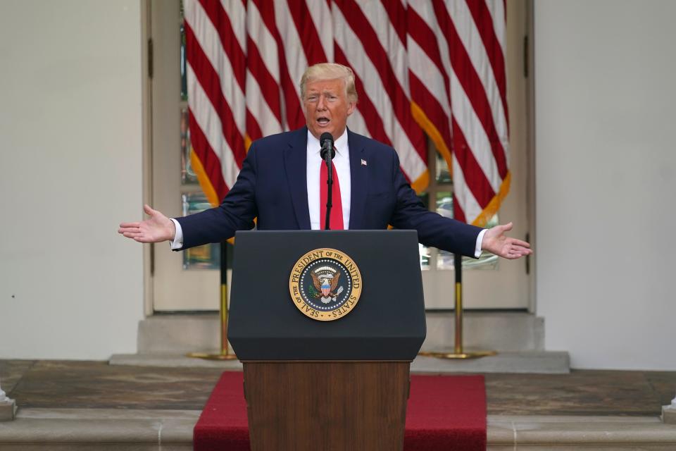 President Donald Trump answers questions from reporters during an event on protecting seniors with diabetes in the Rose Garden White House, May 26, 2020, in Washington.