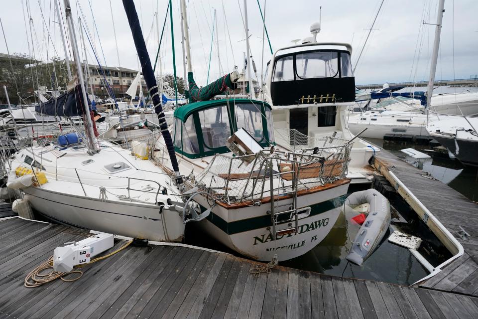 A storm damaged boats at a marina Sept. 17, 2020, in Pensacola, Fla.