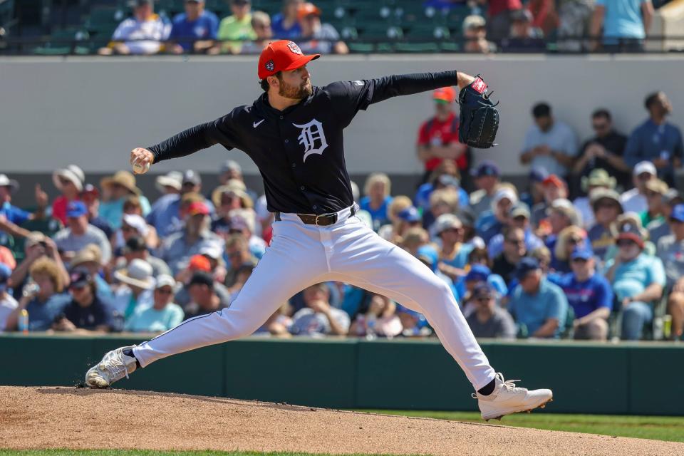 Detroit Tigers starting pitcher Casey Mize pitches during the first inning against the Toronto Blue Jays at Publix Field at Joker Marchant Stadium on Tuesday, Feb. 27, 2024, in Lakeland, Florida.