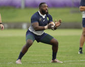 South Africa's Tendai Mtawarira calls for the ball during a training session in Tokyo, Japan, Wednesday, Oct. 23, 2019. The Springboks play Wales in a Rugby World Cup semifinal in Yokohama on Sunday Oct. 27. (AP Photo/Mark Baker)
