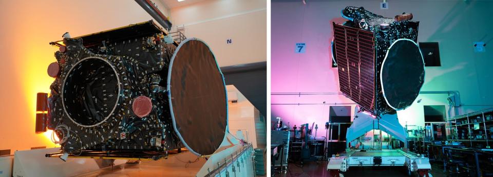 Galaxy 31 (left) and Galaxy 32 (right) are shown here at Maxar’s manufacturing facility in Palo Alto, California, ahead of shipment to launch base. These satellites will provide primarily video distribution services to customers in the continental U.S.