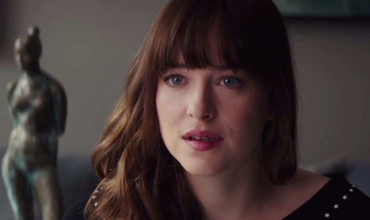 Ana (Dakota Johnson) learns she’s pregnant in <em>Fifty Shades Freed</em>. (Photo: Universal)