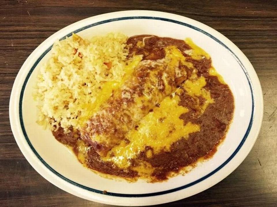 An enchilada plate at Jesús BBQ Family Restaurant, a landmark in South Main Village.