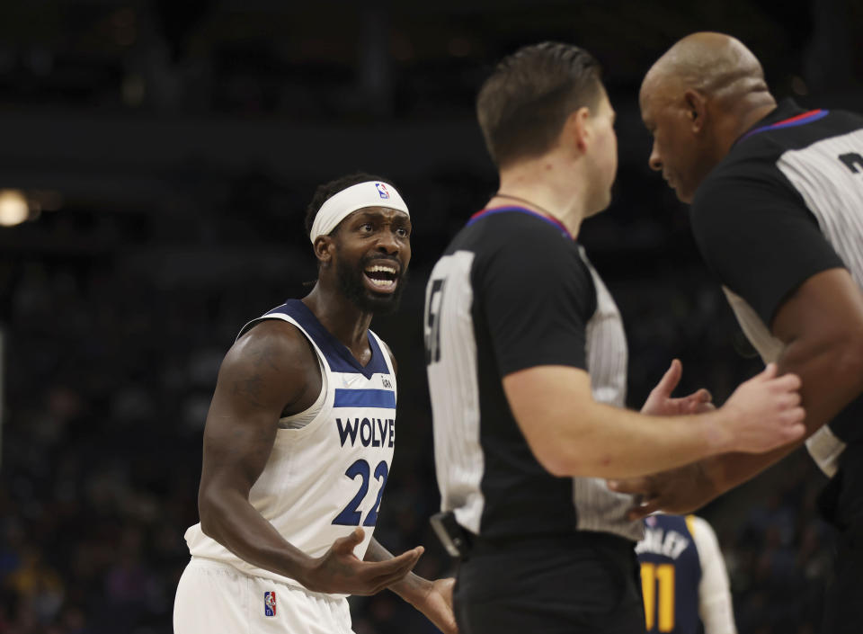 Minnesota Timberwolves guard Patrick Beverley (22) looks to the officials after receiving a technical foul during the first half of an NBA basketball game Wednesday Dec. 8, 2021, in Minneapolis. Utah won 136-104. (AP Photo/Stacy Bengs)
