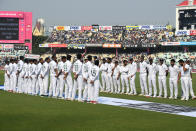 Bangladesh's and Indian cricket players wait to meet the Bangladesh's Prime Minister Sheikh Hasina before the start of the first day of the second Test cricket match of a two-match series between India and Bangladesh at The Eden Gardens cricket stadium in Kolkata on November 22, 2019. (Photo by Dibyangshu SARKAR / AFP) / IMAGE RESTRICTED TO EDITORIAL USE - STRICTLY NO COMMERCIAL USE