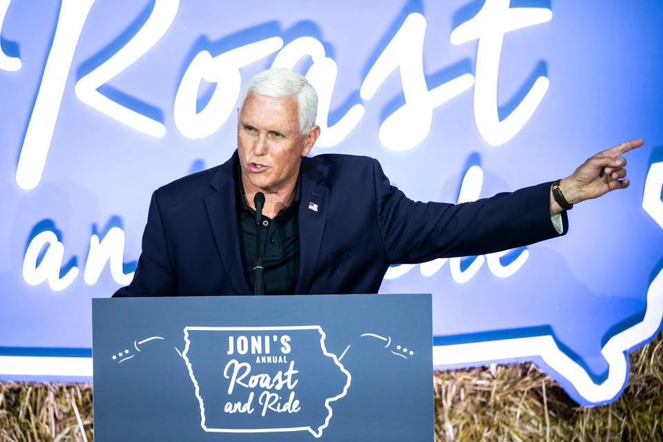 Former Vice President Mike Pence speaks during the annual Roast and Ride fundraiser for U.S. Sen. Joni Ernst, Saturday, June 3, 2023, at the Iowa State Fairgrounds in Des Moines, Iowa.