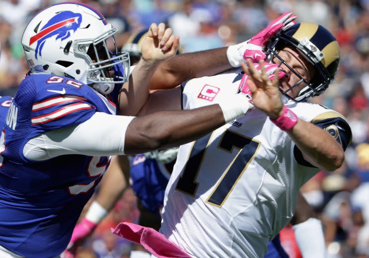 Rams QB Case Keenum got a roughing the passer call, committed by the Bills' Adolphus Washington, on Oct. 9. (Getty Images) 