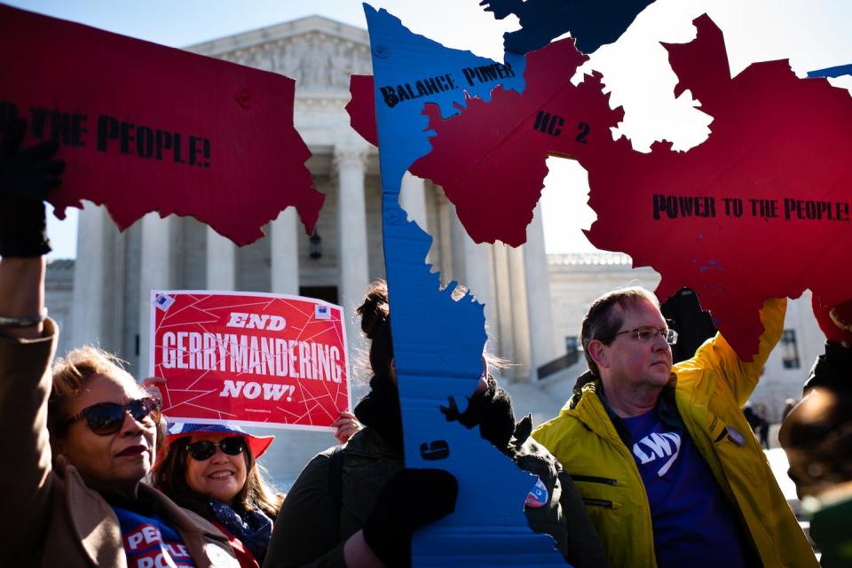 People protest against gerrymandering outside the Supreme Court in March 2019. <a href="https://media.gettyimages.com/photos/fair-maps-rally-was-held-in-front-of-the-us-supreme-court-on-tuesday-picture-id1153804265" rel="nofollow noopener" target="_blank" data-ylk="slk:Sarah L. Voisin/The Washington Post via Getty Images;elm:context_link;itc:0;sec:content-canvas" class="link ">Sarah L. Voisin/The Washington Post via Getty Images</a>