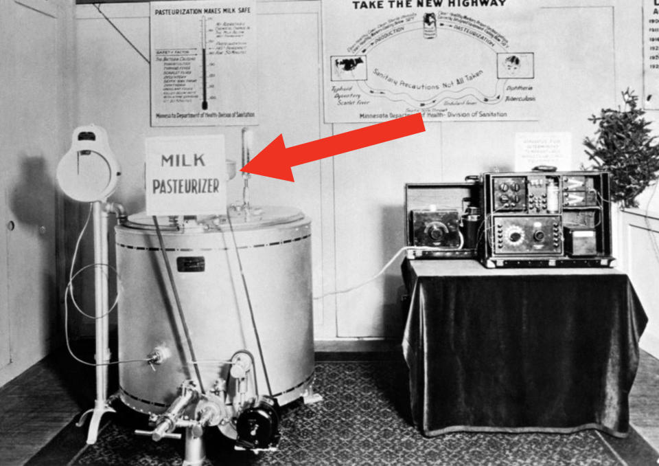 Arrow pointing to a "Milk pasteurizer" sign on a machine