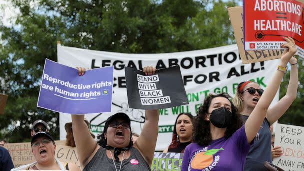 PHOTO: In this May 14, 2022, file photo, abortion rights protesters participate in nationwide demonstrations following the leaked Supreme Court opinion suggesting overturning the Roe v. Wade abortion rights decision, in Atlanta. (Alyssa Pointer/Reuters, FILE)
