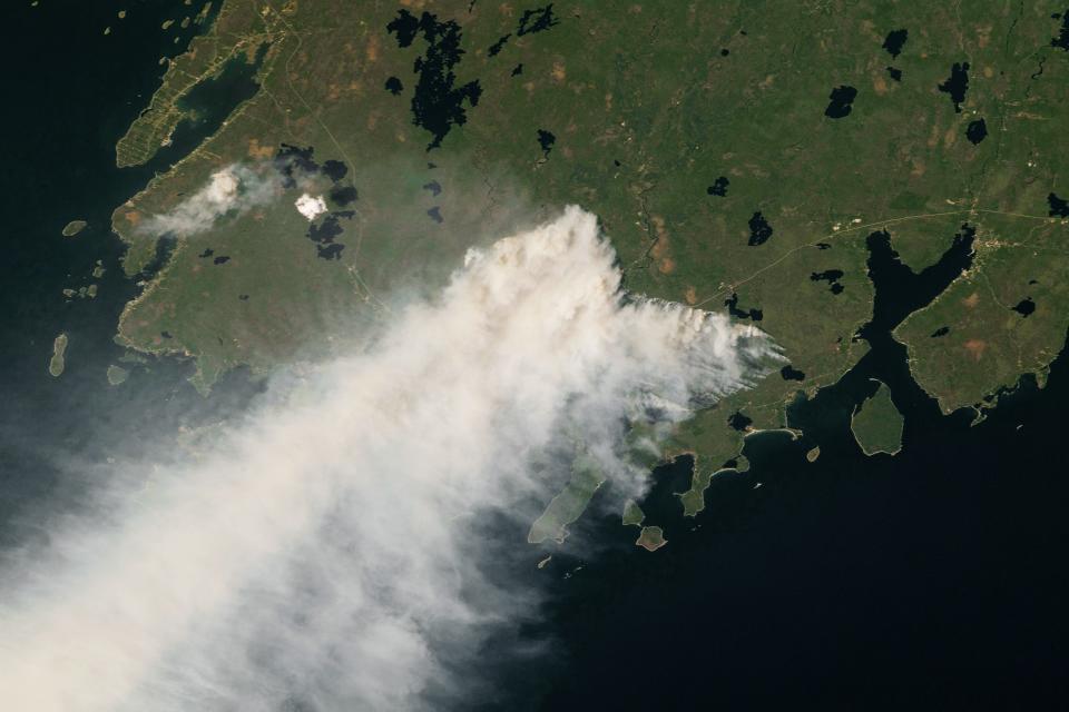 Smoke from a fire in Nova Scotia drifts southward on May 29, 2023.