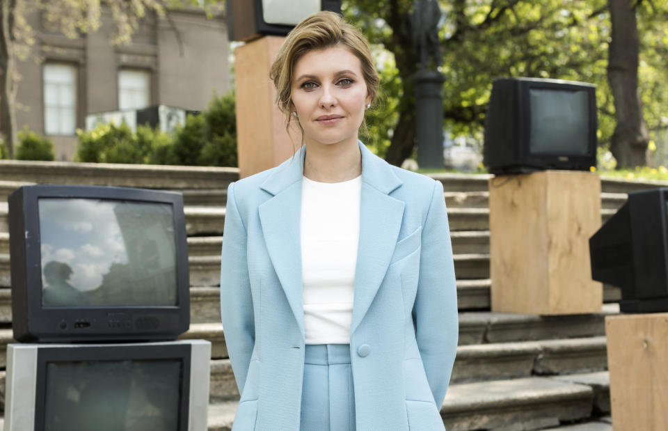 In this photo taken on May 6, 2020, Olena Zelenska, wife of Ukrainian's President Volodymyr Zelenskiy, looks on during a TV address in Kyiv, Ukraine. Olena was hospitalized with double-sided pneumonia after getting infected with the new coronavirus. (Ukrainian Presidential Press Office via AP)