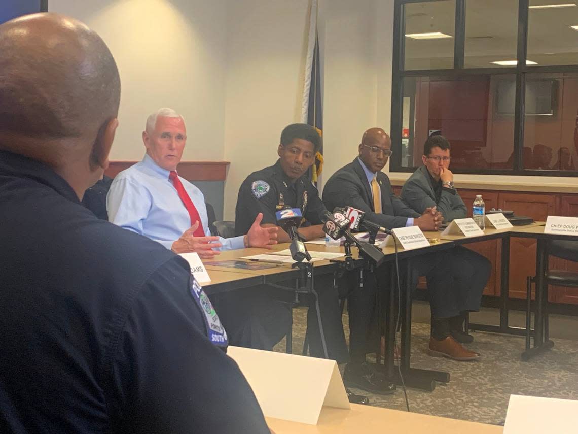 Former Vice President Mike Pence discusses law enforcement issues with lowcountry police leaders on Thursday, March 2, 2023 in North Charleston, South Carolina.