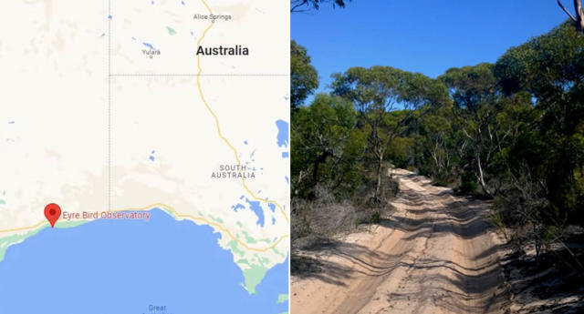 Google map and dirt road leading to Eyre Bird Observatory.