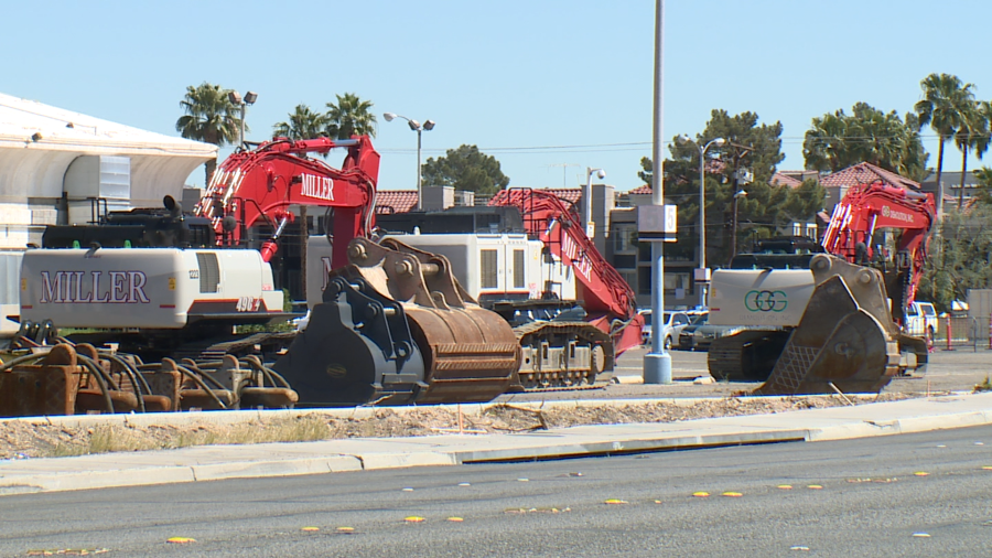 <em>Construction vehicles are staged to the south of Tropicana Las Vegas. (KLAS)</em>