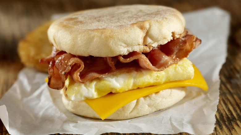 Breakfast sandwich on parchment