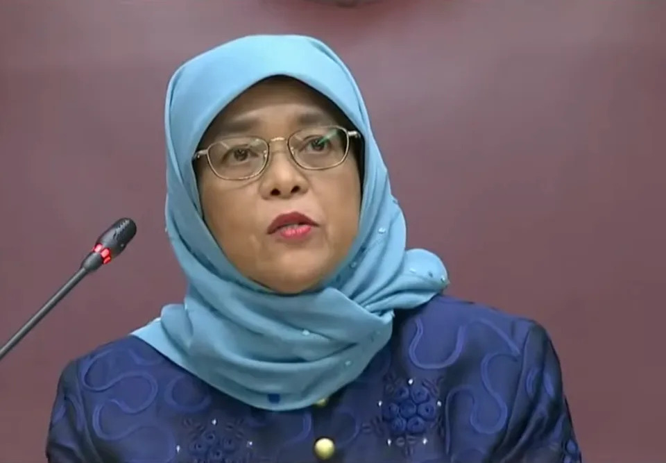 Singapore's President Halimah Yacob delivers the Presidential Address to the 14th Parliament on Monday, 24 August 2020. SCREENCAP: Mediacorpo telecast