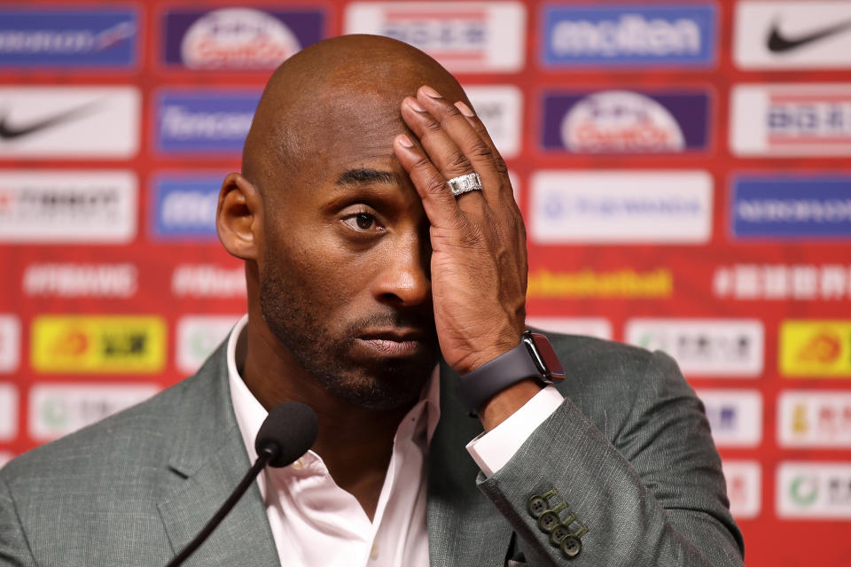 BEIJING, CHINA - SEPTEMBER 13:  Former basketball player Kobe Bryant talks to the media after the game of Team Spain against Team Australia during the semi-finals of 2019 FIBA World Cup at Beijing Wukesong Sport Arena on September 13, 2019 in Beijing, China.  (Photo by Lintao Zhang/Getty Images)