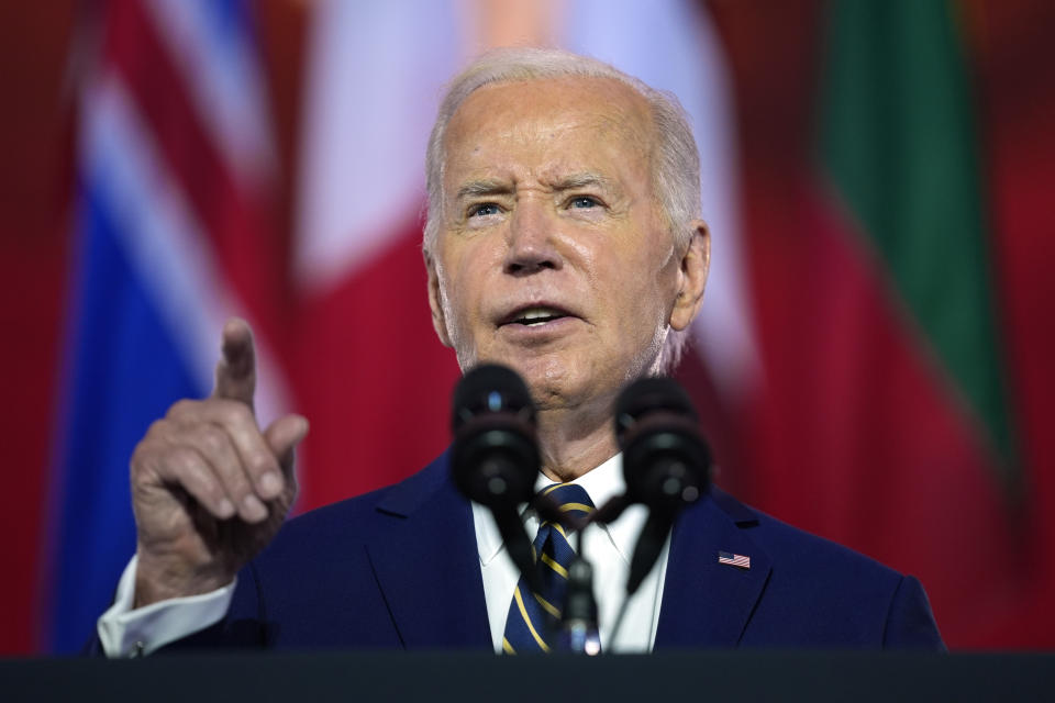 President Joe Biden delivers remarks on the 75th anniversary of NATO at the Andrew W. Mellon Auditorium, Tuesday, July 9, 2024, in Washington. (AP Photo/Evan Vucci)