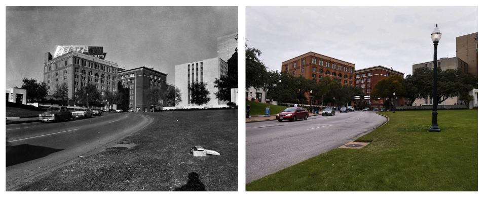 Combination picture shows cars travelling on the road past The Texas School Book Depository in Dallas, Texas on November 22, 1963 and the same site in November 2013