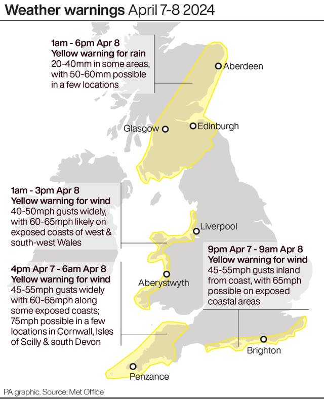 Weather warnings April 7-8 2024